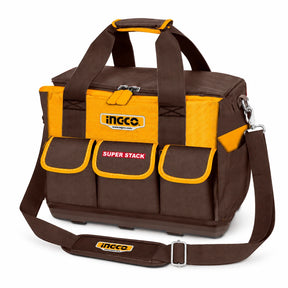 Ingco HTBG12 16-inch brown and orange polyester tool bag with shoulder strap and reinforced base on a white background