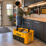 Ingco PBXS104 yellow tool tote keeping hand tools organized beside a finished home maintenance station.