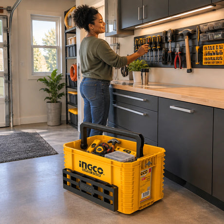 Ingco PBXS104 yellow tool tote keeping hand tools organized beside a finished home maintenance station.
