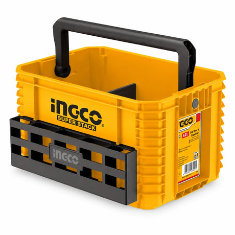 Ingco PBXS104 yellow 19-inch stackable plastic tool tote with black handle on a clean white background.