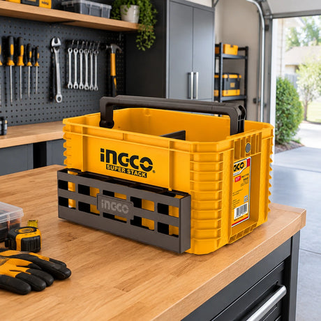 Ingco yellow stackable tool tote resting on an organized home garage workbench.