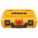 Ingco PBXS101 16-inch yellow stackable plastic tool box with black handle and red latch on white background