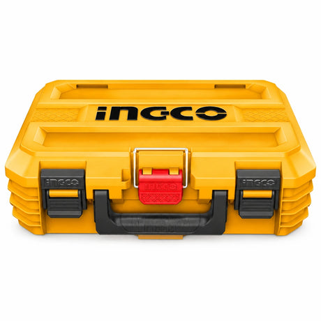 Ingco PBXS101 16-inch yellow stackable plastic tool box with black handle and red latch on white background