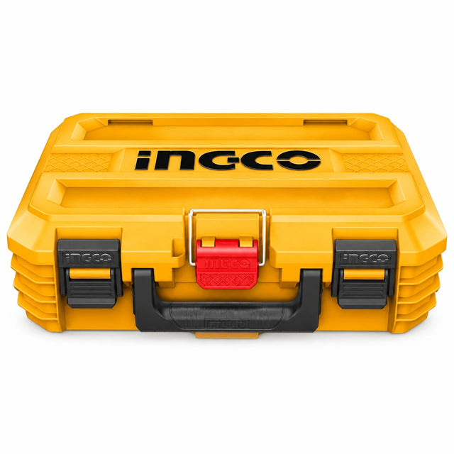 Ingco PBXS101 16-inch yellow stackable plastic tool box with black handle and red latch on white background