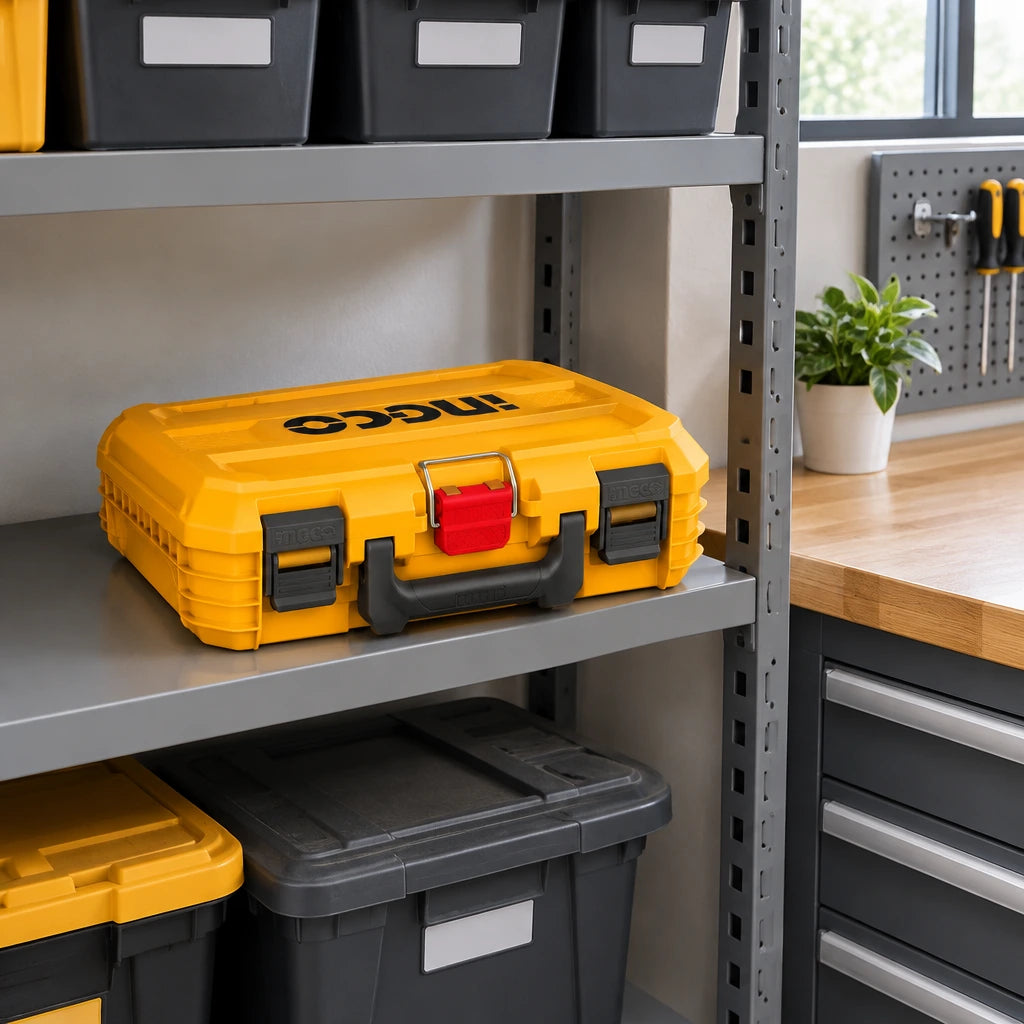 Closed Ingco PBXS101 yellow tool box stored on a shelf in a clean facilities-maintenance room