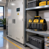 Closed Ingco HTBG282228 tool bag beside a completed service cabinet in an organized plant room