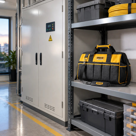 Closed Ingco HTBG282228 tool bag beside a completed service cabinet in an organized plant room