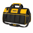 Ingco HTBG282228 22-inch black and yellow polyester tool bag with shoulder strap on a white background