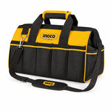 Ingco HTBG282228 22-inch black and yellow polyester tool bag with shoulder strap on a white background
