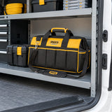 Ingco 22-inch tool bag resting on a fitted shelf inside an organized maintenance van