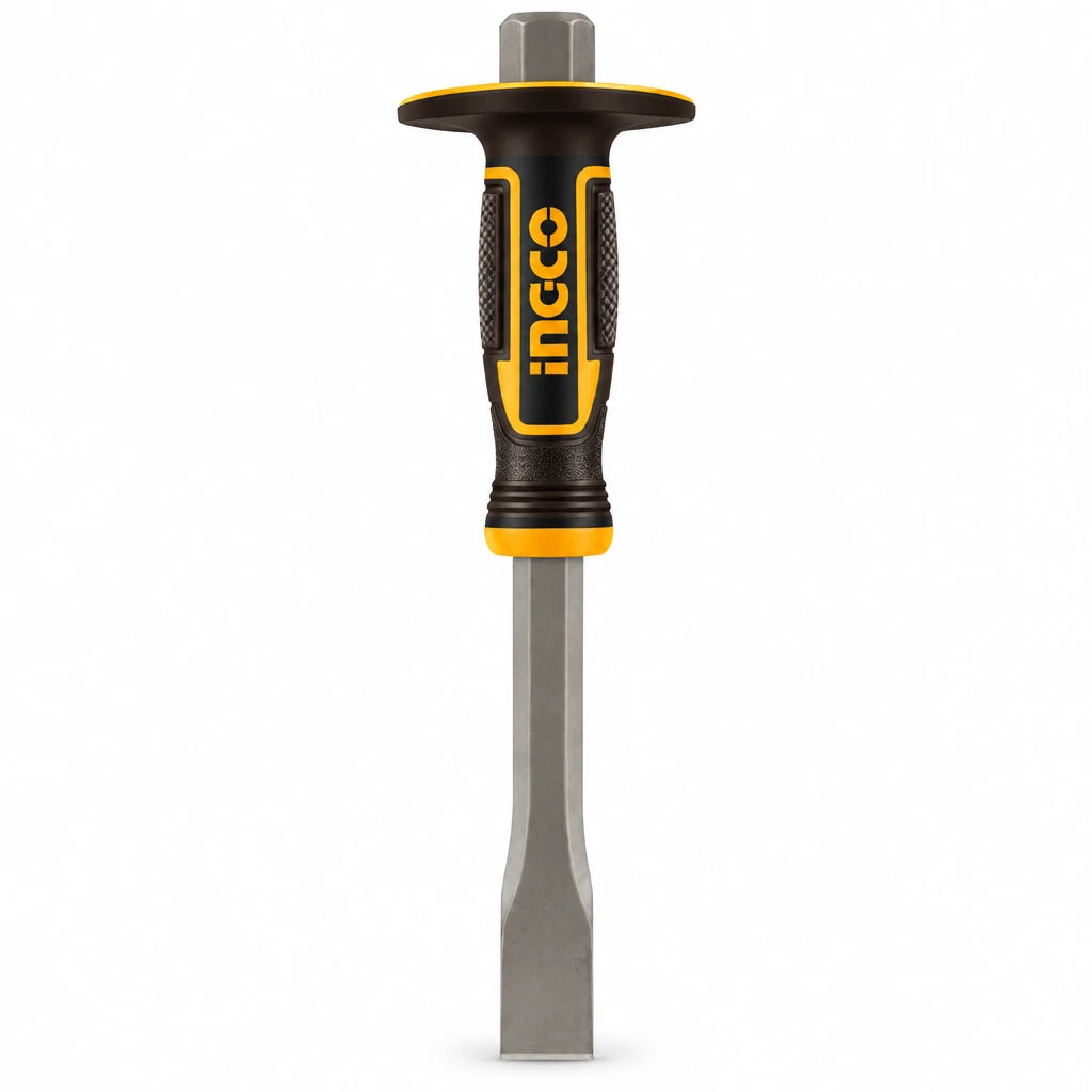 Ingco HCCL832519 40Cr flat cold chisel with black and yellow handle on white background