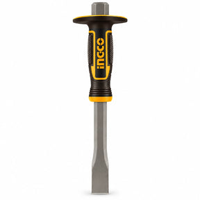 Ingco HCCL832519 40Cr flat cold chisel with black and yellow handle on white background