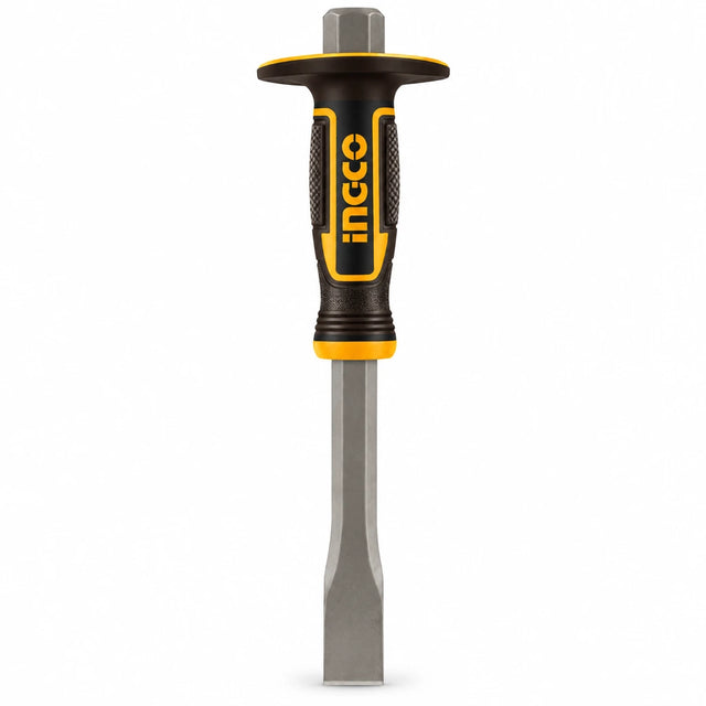 Ingco HCCL832519 40Cr flat cold chisel with black and yellow handle on white background