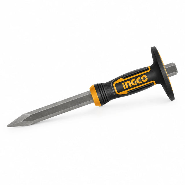 Ingco HCC830419 40Cr pointed concrete chisel with black and yellow handle on white background.