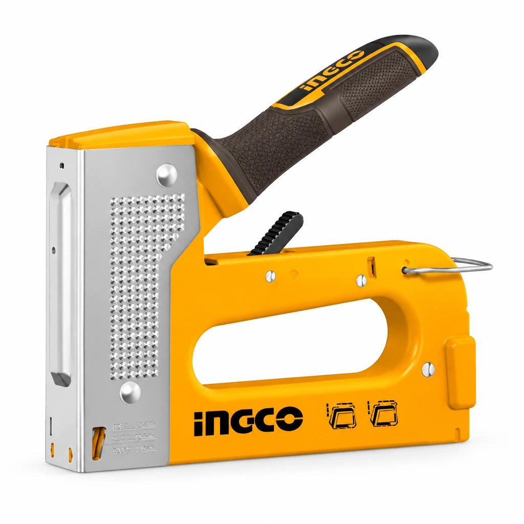 Ingco HSG1408 heavy-duty orange 2-in-1 manual staple and brad gun on a white background.
