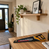 Completed timber entryway shelf with the Ingco 400mm SK5 hand saw resting nearby