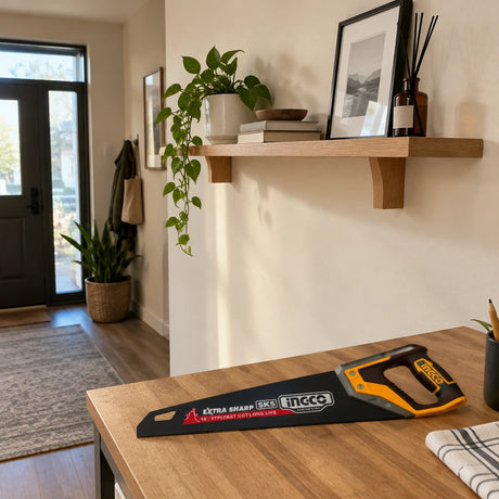 Completed timber entryway shelf with the Ingco 400mm SK5 hand saw resting nearby