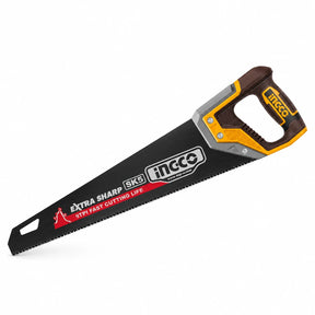 Ingco 400mm SK5 steel hand saw with black-coated 9 TPI blade and two-colour ergonomic handle on white background