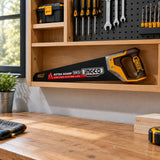 Ingco 400mm hand saw resting in an organised home garage workshop tool cabinet