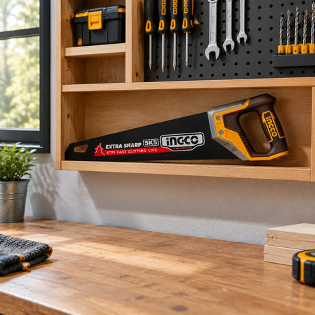 Ingco 400mm hand saw resting in an organised home garage workshop tool cabinet