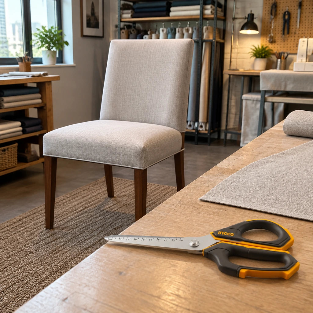 Finished upholstered chair with Ingco HSCRS25088 construction scissors resting beside the remaining fabric