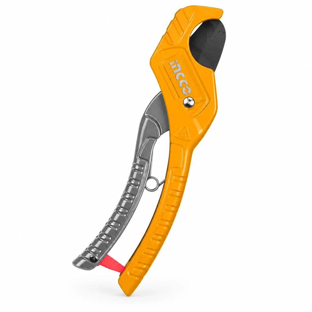 Ingco HPC3135 orange and grey PVC pipe cutter with curved SK5 blade and safety lock on a white background