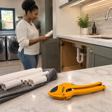 Prepared plastic pipe sections and an Ingco HPC3142 cutter in a tidy contemporary utility room