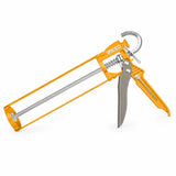 Ingco HCG1409 9-inch caulking gun with aluminium handle and double push plate on a white background.