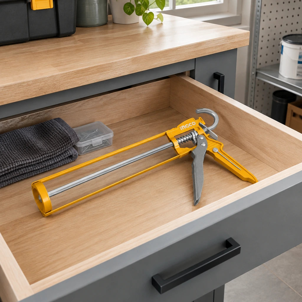 Ingco HCG1409 caulking gun stored in an organised contemporary utility-room tool drawer.