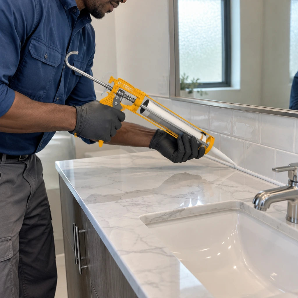 African American renovation specialist using an Ingco HCG1409 caulking gun to seal a bathroom vanity backsplash joint.