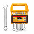 Ingco HKSPA1066 six-piece 8–17mm metric combination spanner set in yellow holder on white background