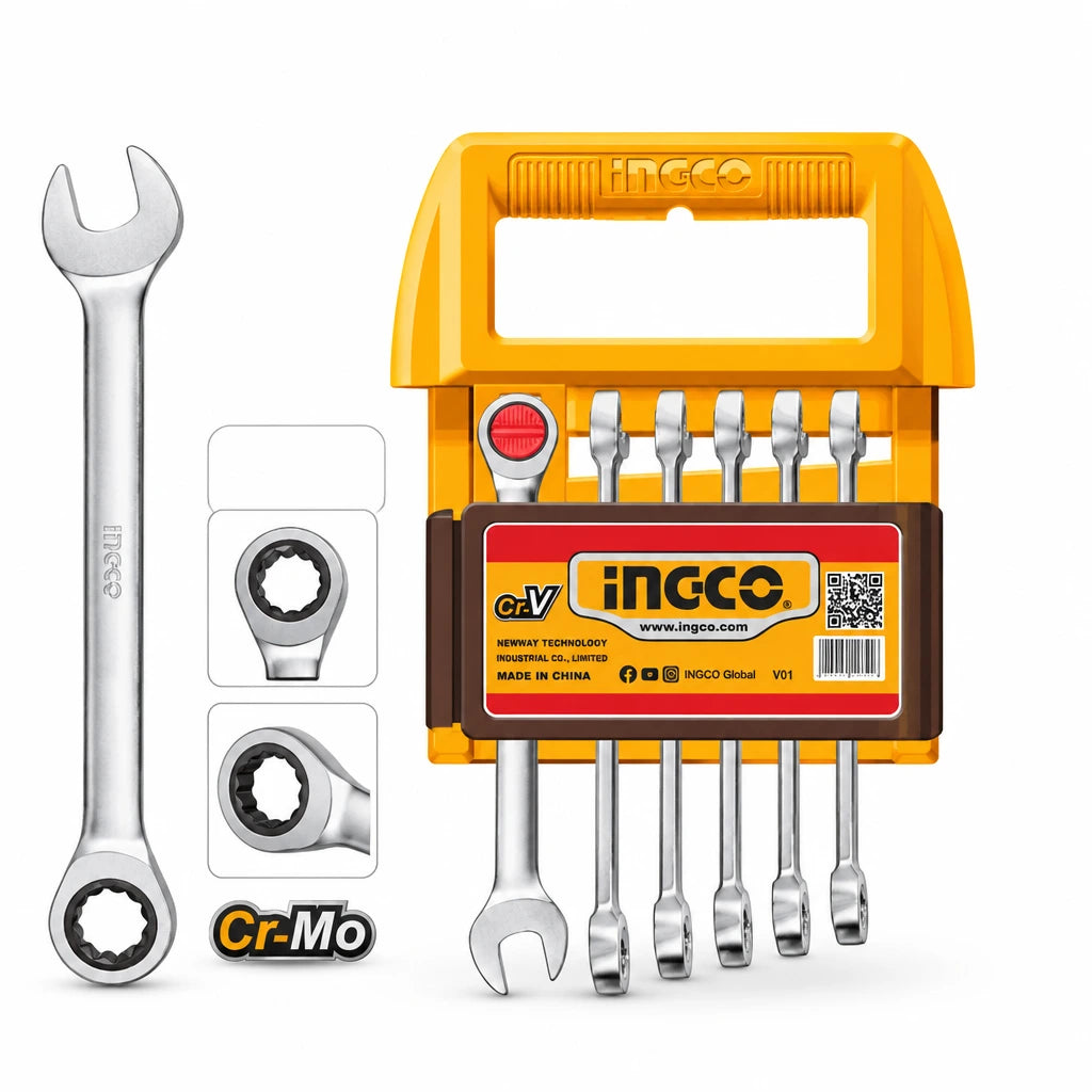 Ingco HKSPAR2062 six-piece metric ratchet spanner set in orange holder with 8 to 17mm sizes on white background