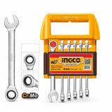 Ingco HKSPAR2062 six-piece metric ratchet spanner set in orange holder with 8 to 17mm sizes on white background