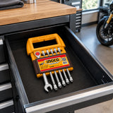 Closed Ingco HKSPAR2062 ratchet spanner set stored in an organised motorcycle workshop drawer