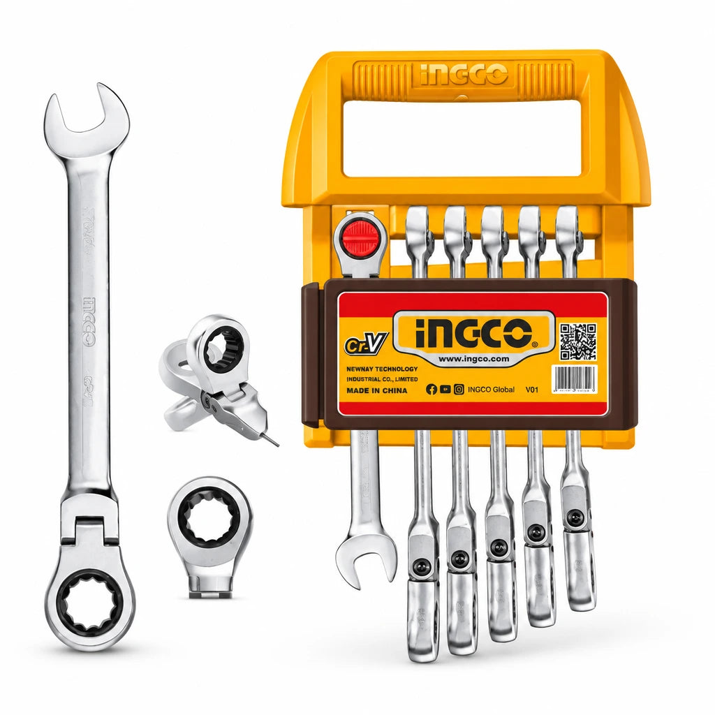 Ingco HKSPAR2063 six-piece flexible ratchet spanner set with six polished metric spanners and orange storage case on white background.