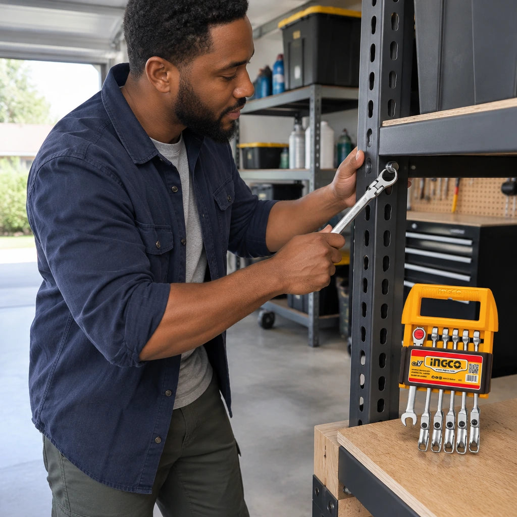 African American homeowner using an Ingco flexible ratchet spanner to tighten an angled fastener on steel garage shelving.