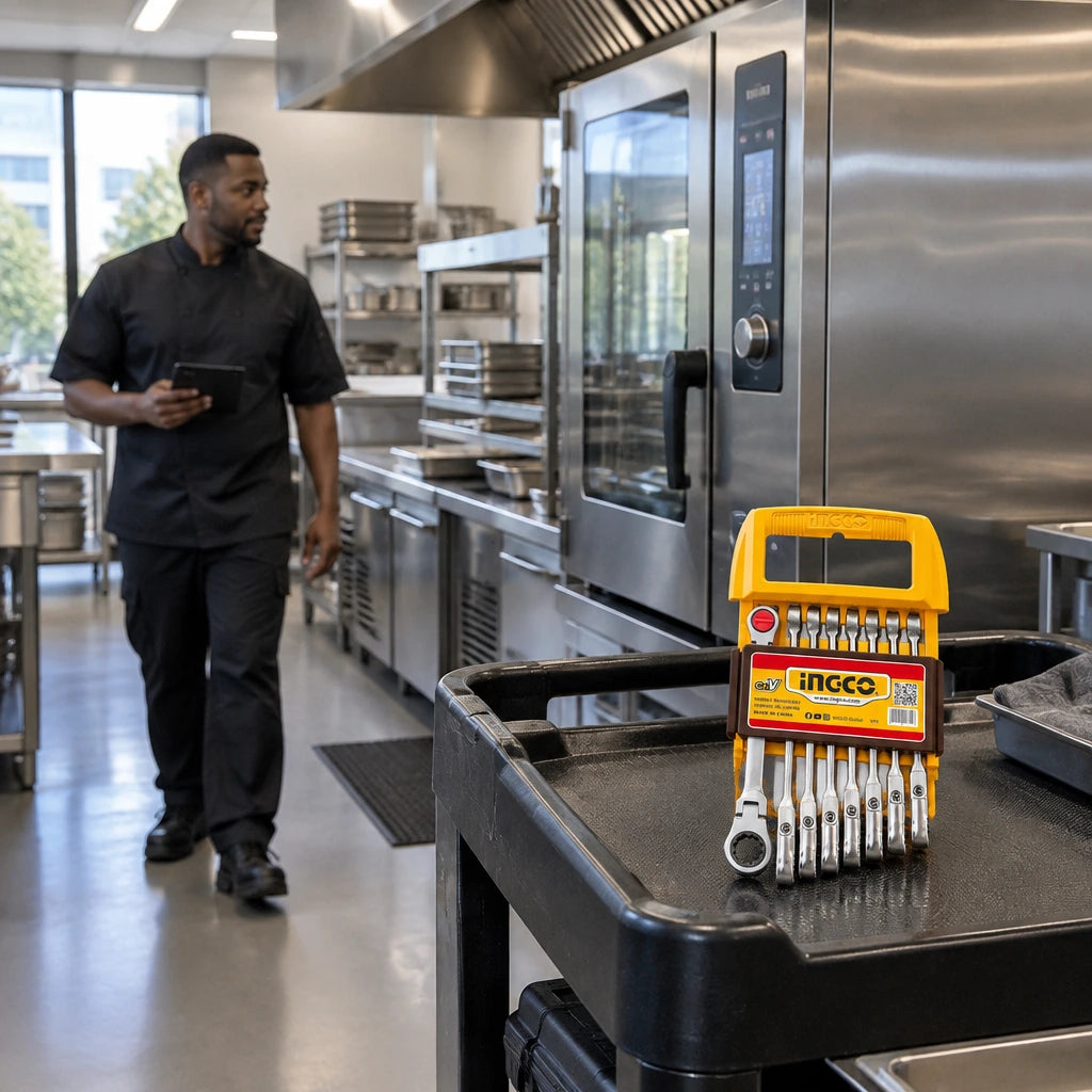 Serviced commercial kitchen equipment ready for use with an Ingco flexible ratchet spanner set on the cart