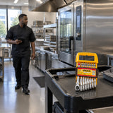 Serviced commercial kitchen equipment ready for use with an Ingco flexible ratchet spanner set on the cart