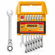 Ingco HKSPAR2083 eight-piece flexible ratchet spanner set in yellow storage holder on white background