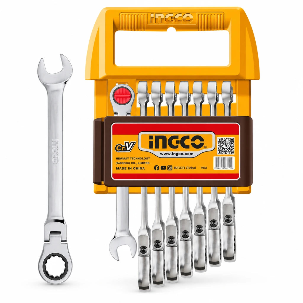 Ingco HKSPAR2083 eight-piece flexible ratchet spanner set in yellow storage holder on white background