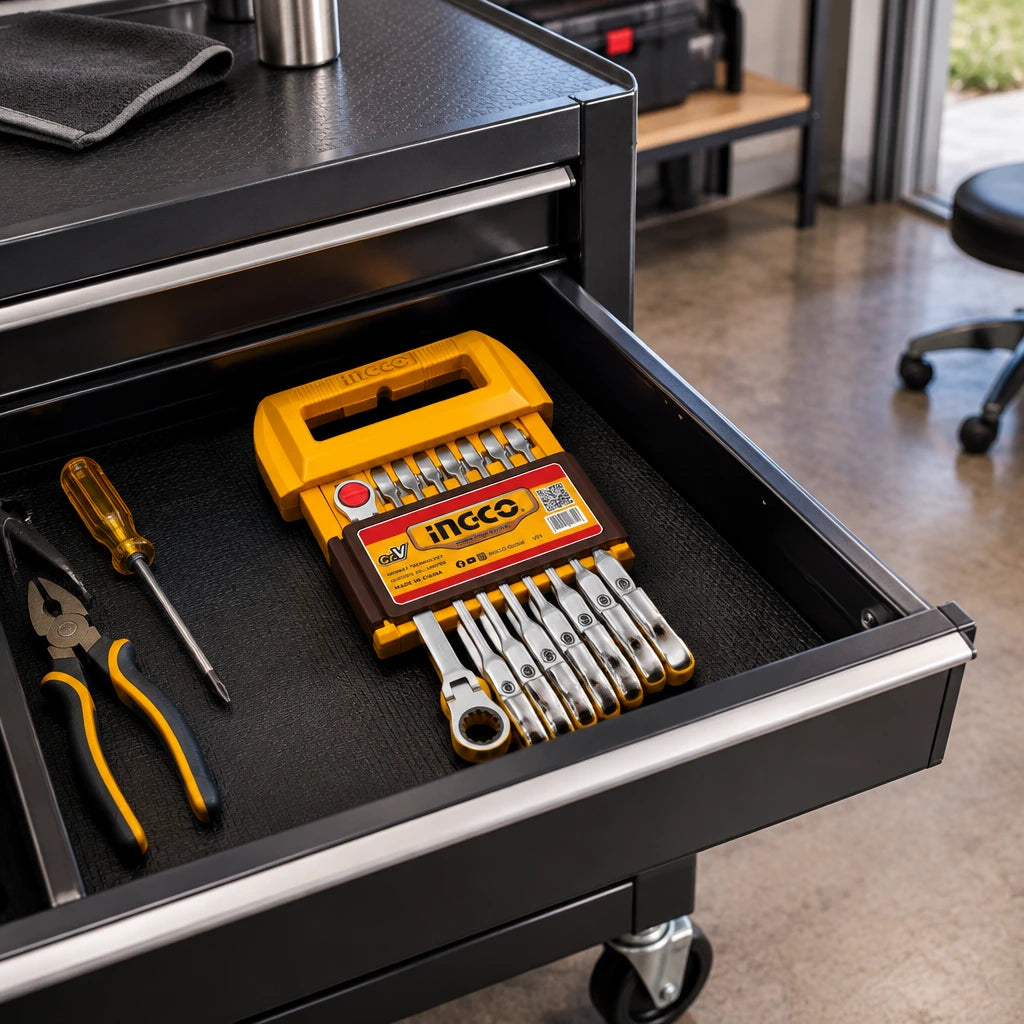 Ingco flexible ratchet spanner set stored in a maintenance cart drawer in an organised workshop