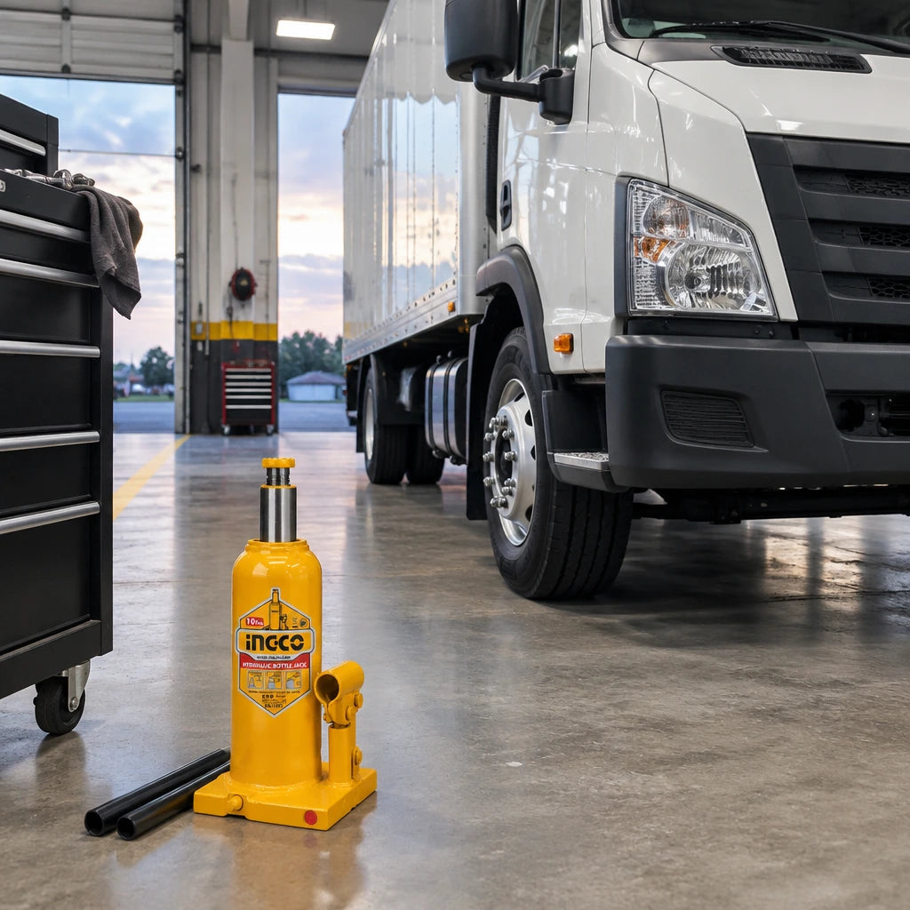 Serviced commercial vehicle ready in a professional bay with the inactive Ingco HBJ1002 bottle jack parked nearby.