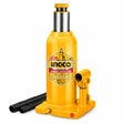 Ingco HBJ1002 10-ton yellow hydraulic bottle jack with silver ram and black handle sections on a white background.