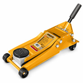 Ingco HFJ402 4-ton yellow hydraulic floor jack with black wheels and lifting saddle on a white background.