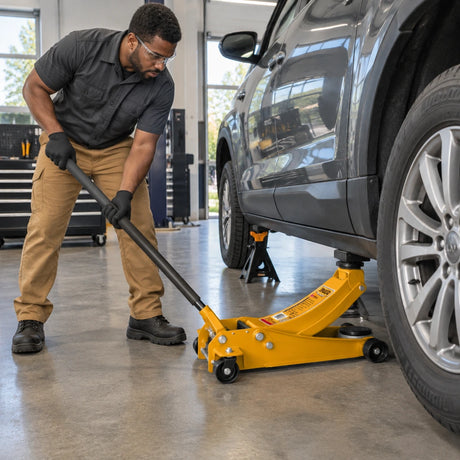 Mechanic using an Ingco HFJ402 4-ton floor jack to raise a compatible car at a workshop lifting point.