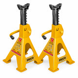 Ingco HJS0201 pair of yellow 2-ton adjustable automotive jack stands on a white background.