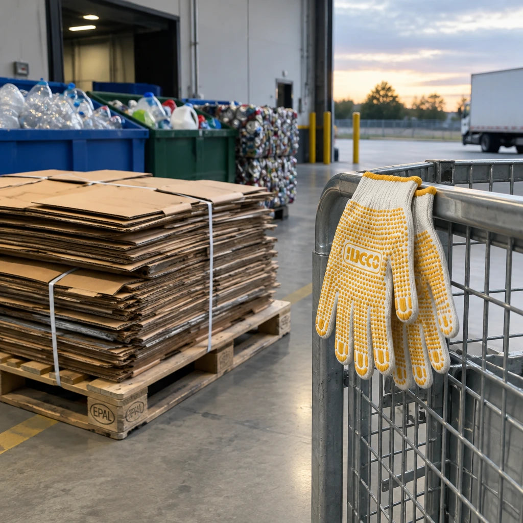 Sorted cardboard ready for collection with Ingco HGVK65 PVC-dot gloves resting on a recycling cage