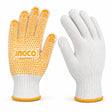Ingco HGVK65 XL white cotton work gloves with orange PVC dots, shown as a pair on a white background