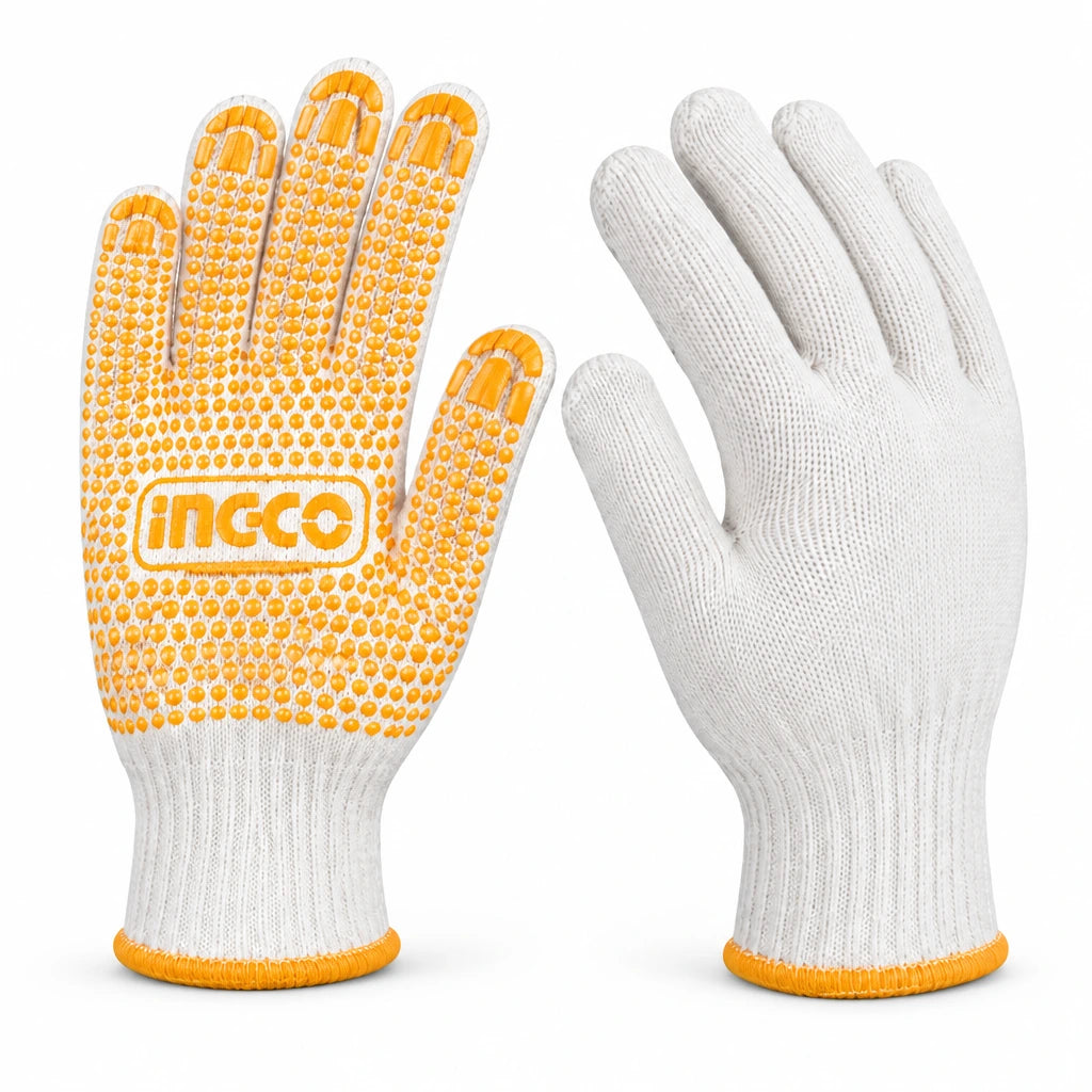 Ingco HGVK65 XL white cotton work gloves with orange PVC dots, shown as a pair on a white background
