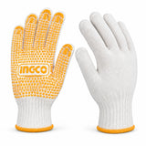 Ingco HGVK65 XL white cotton work gloves with orange PVC dots, shown as a pair on a white background
